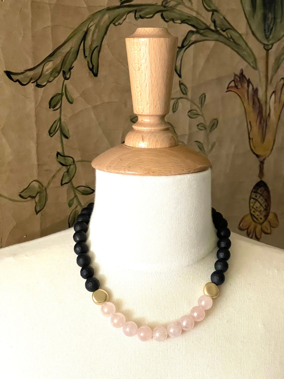 Matte Black Onyx And Rose Quartz Front Accent Necklace With Matte Gold Beads