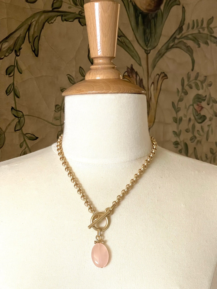 Rose Quartz Bar Pendant Matte Gold Chain Necklace