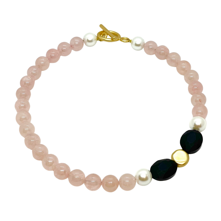 Rose Quartz And Matte Black Crystal With Gold Side Accent Necklace