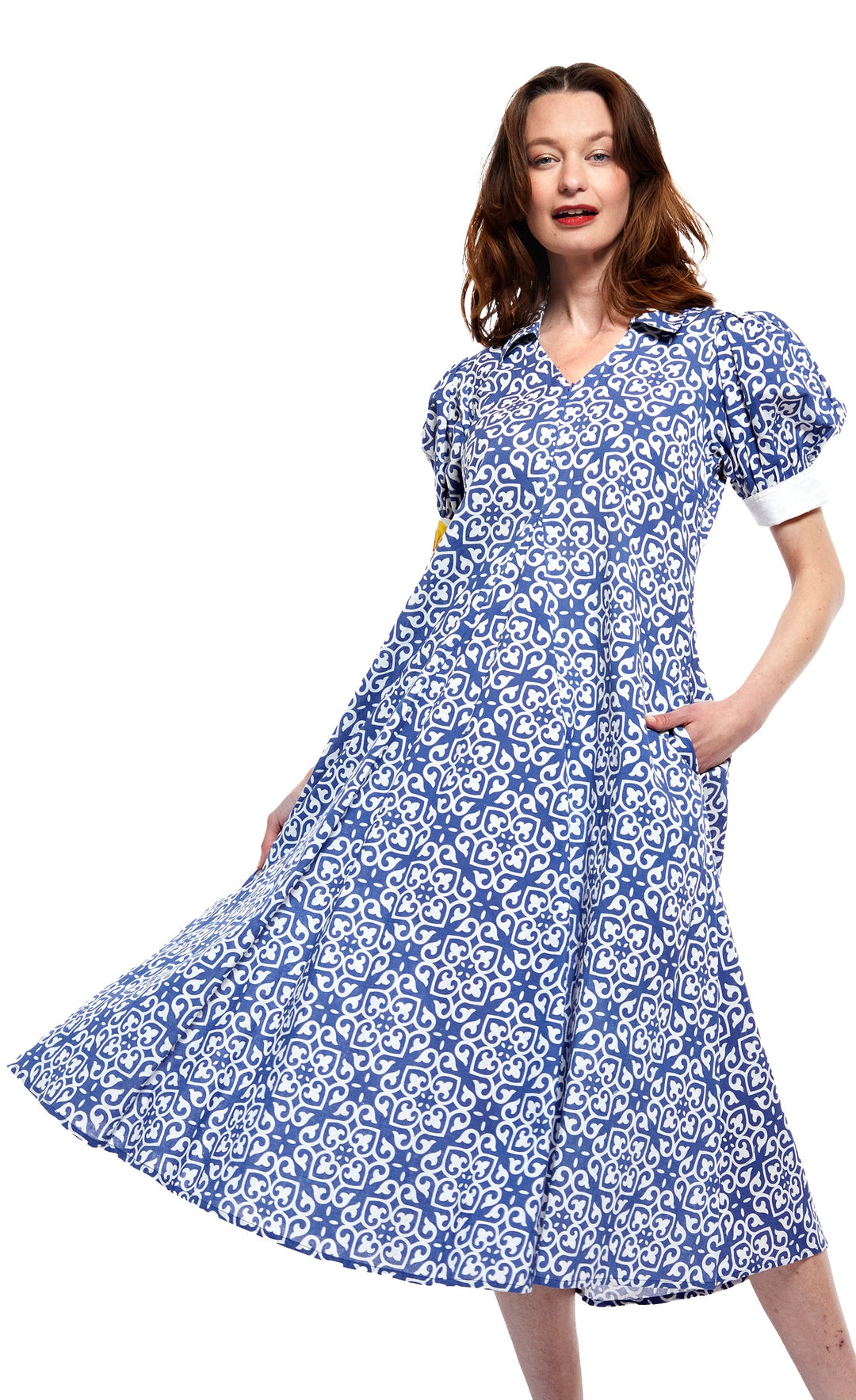 Montauk Dress in Blue with White Geometric Pattern XS / 6657-M600