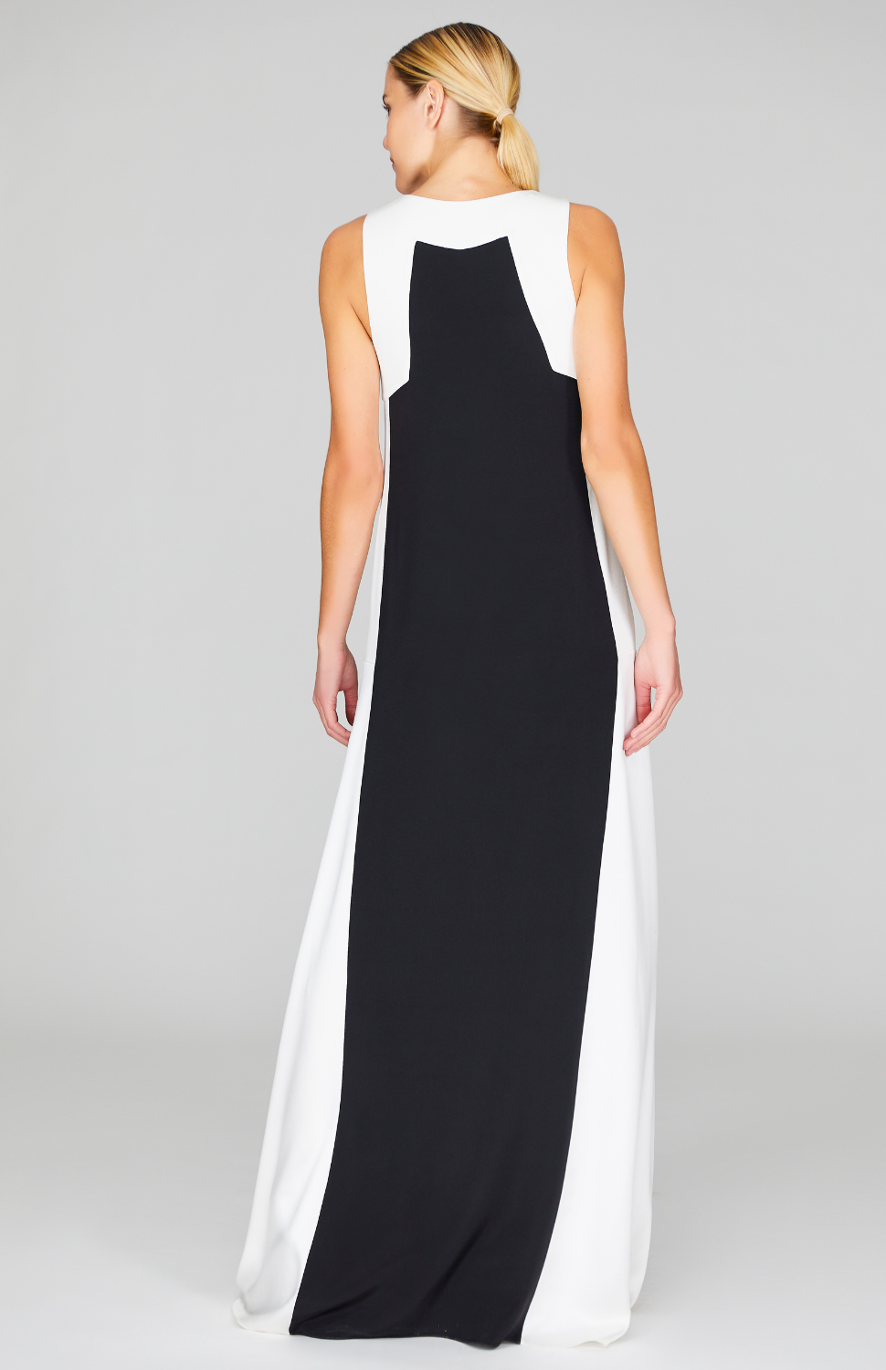 Satin V Neck Gown w/ Contrast Panels