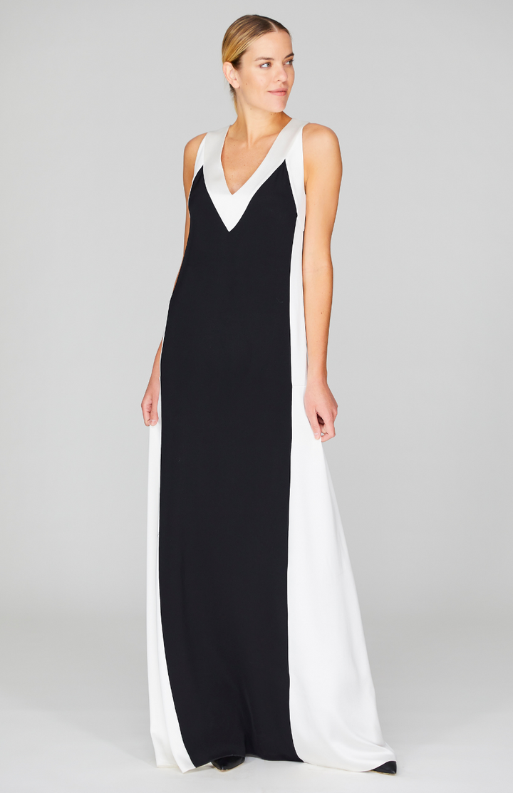 Satin V Neck Gown w/ Contrast Panels