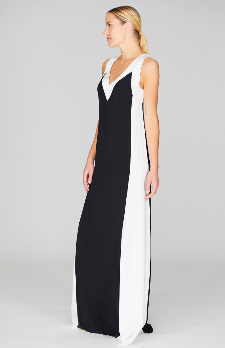 Satin V Neck Gown w/ Contrast Panels