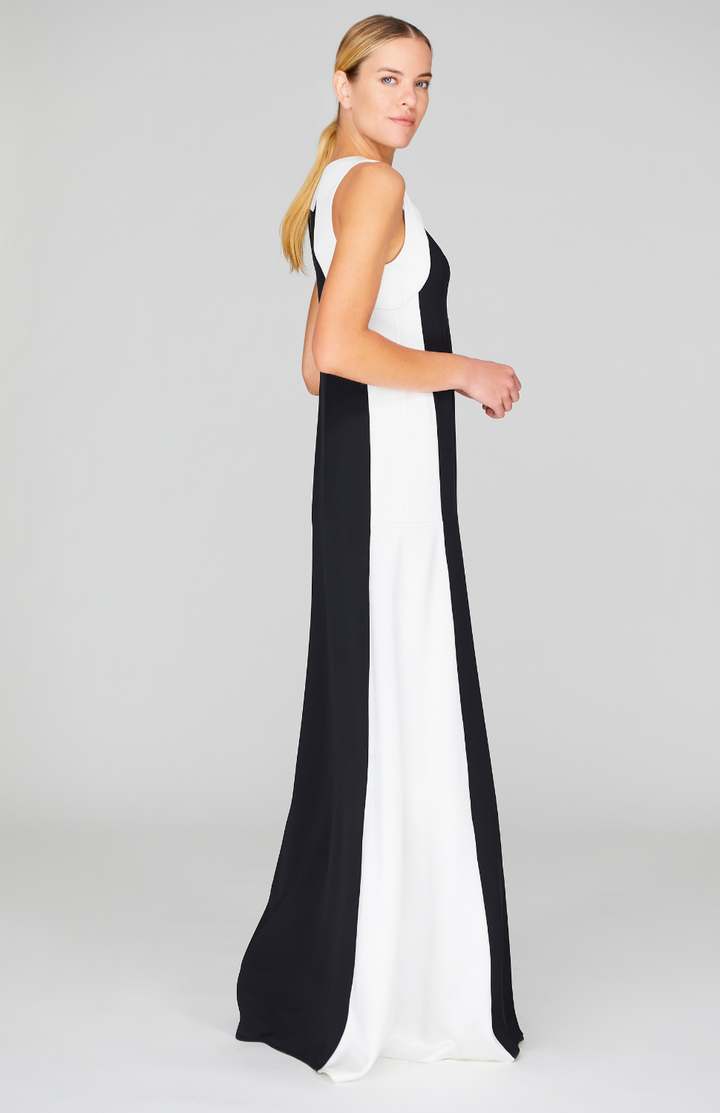 Satin V Neck Gown w/ Contrast Panels