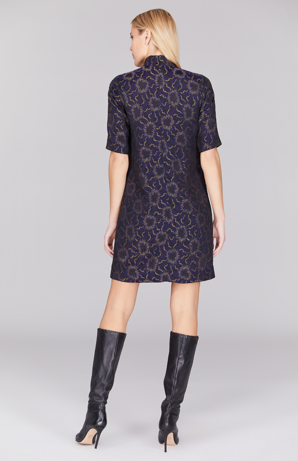 Sunburst Jacquard Turtleneck Shift Dress w/ Contrast Bias