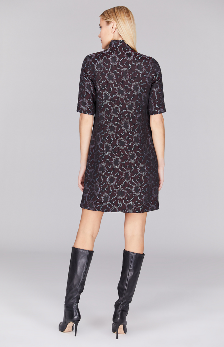 Sunburst Jacquard Turtleneck Shift Dress w/ Contrast Bias