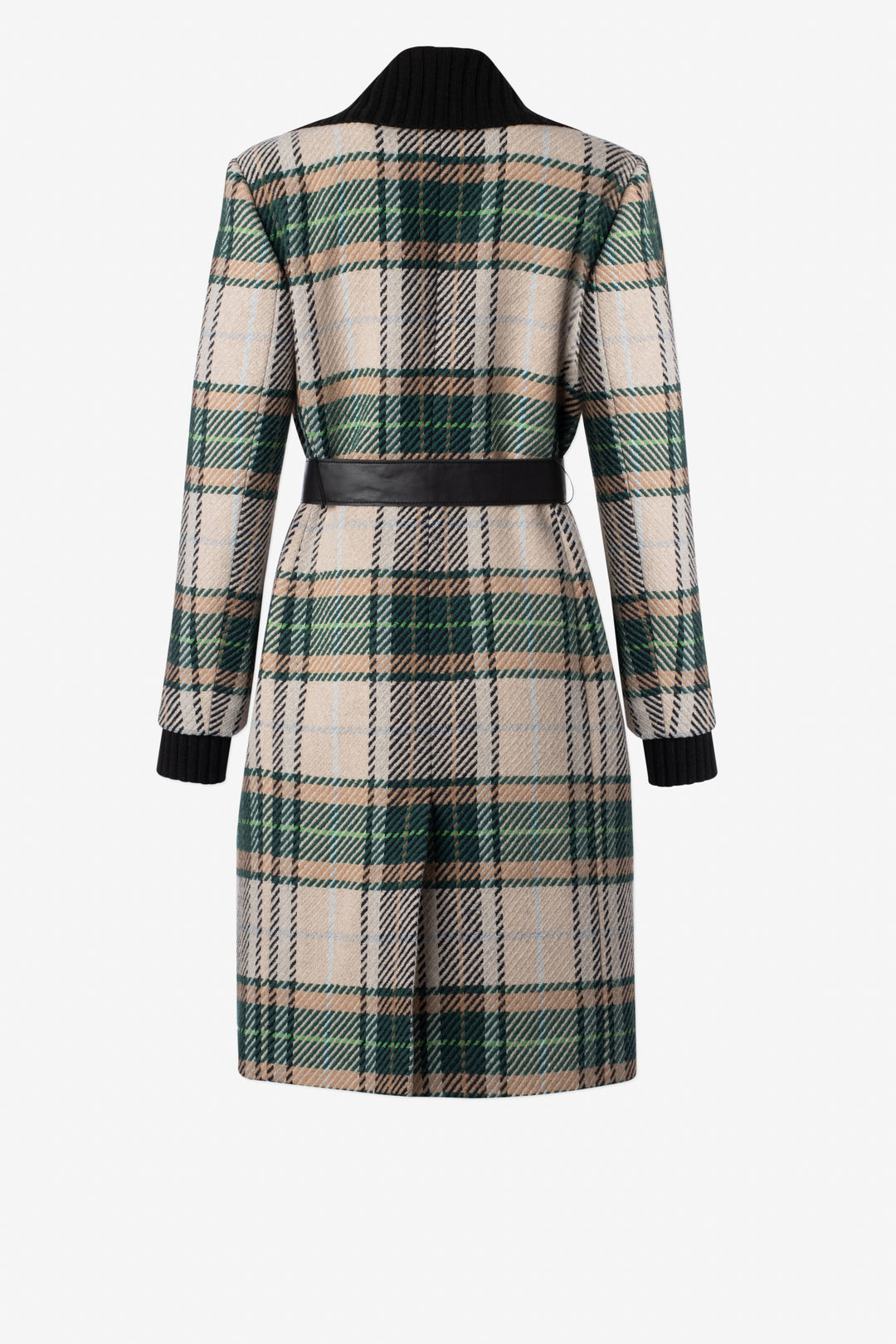 Long plaid coat with rib collar and belt