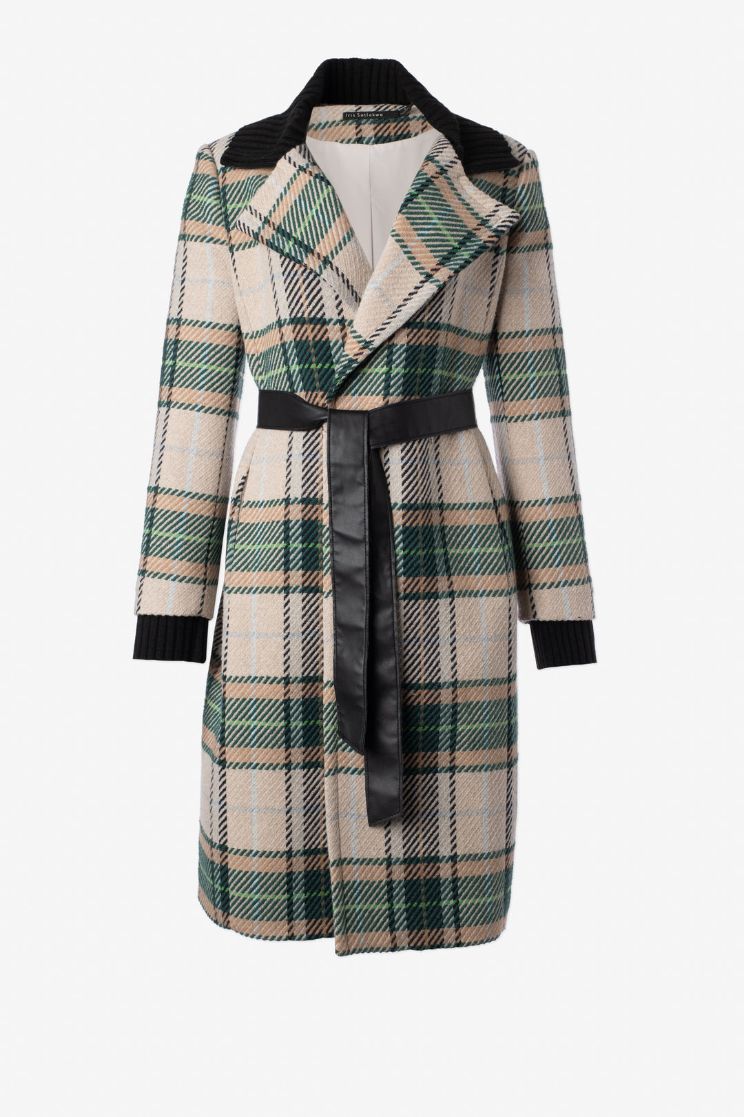 Long plaid coat with rib collar and belt