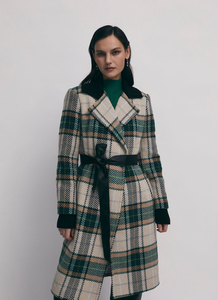 Long plaid coat with rib collar and belt