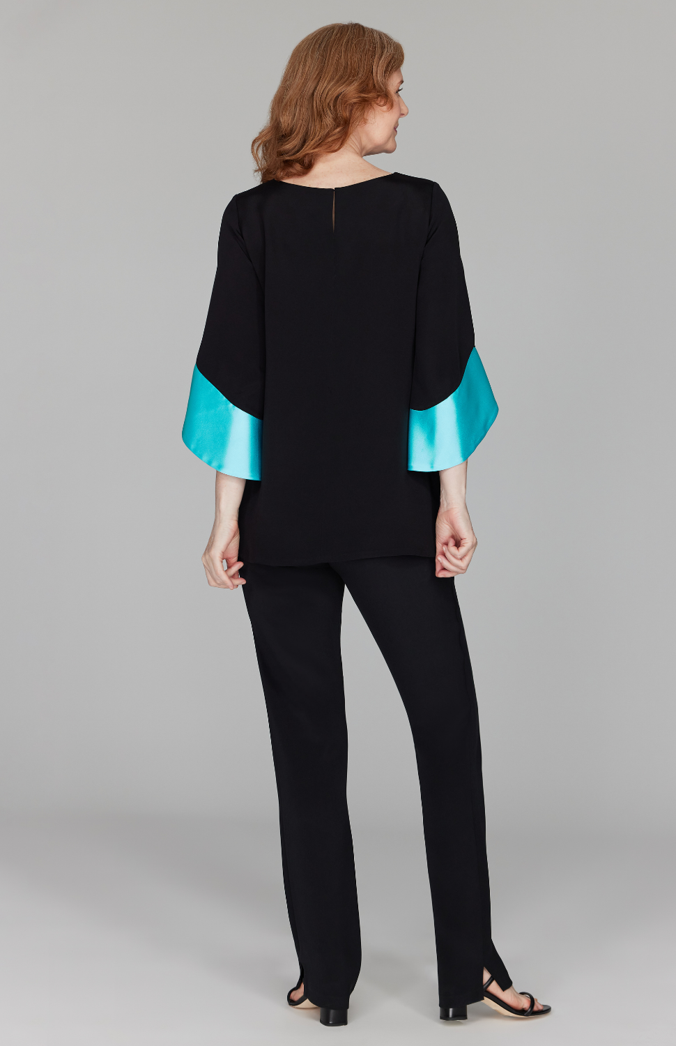 Silk Tunic w/Contrast Satin Color Block Sleeves & V Inset