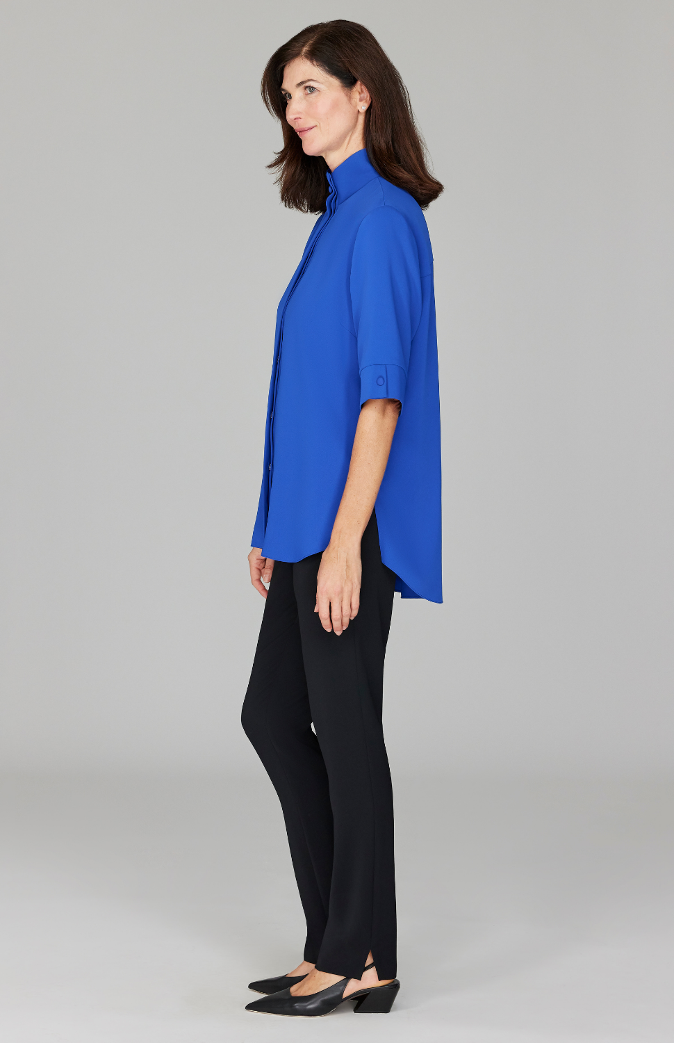 Lustrous Crepe Mandarin Collar Button Down Tunic