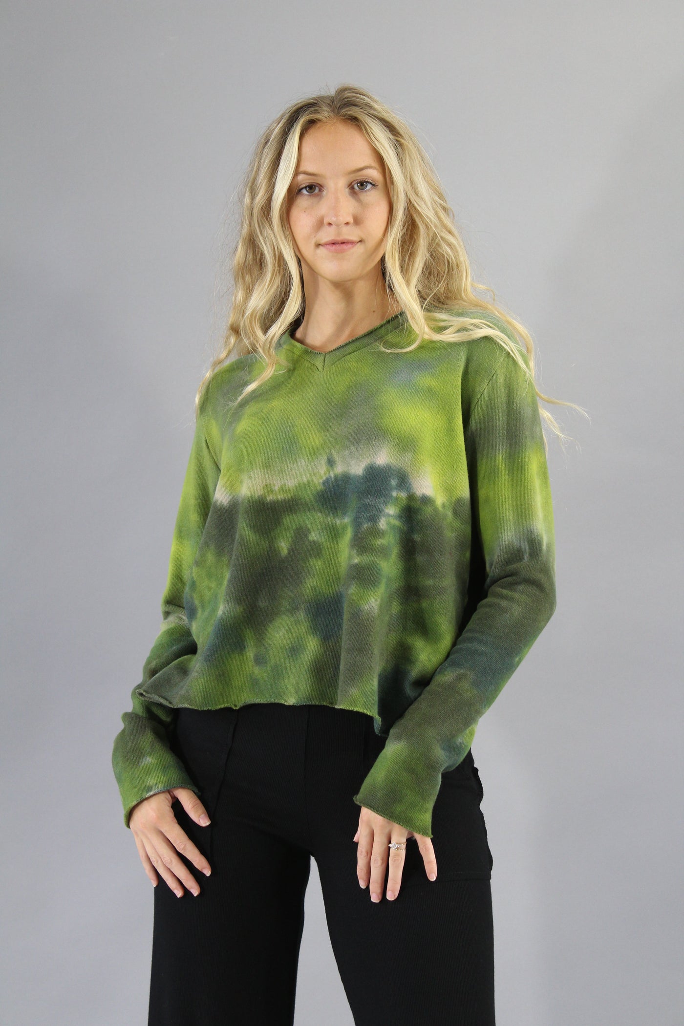 Crop  V Neck Sweater - Green - Ombre