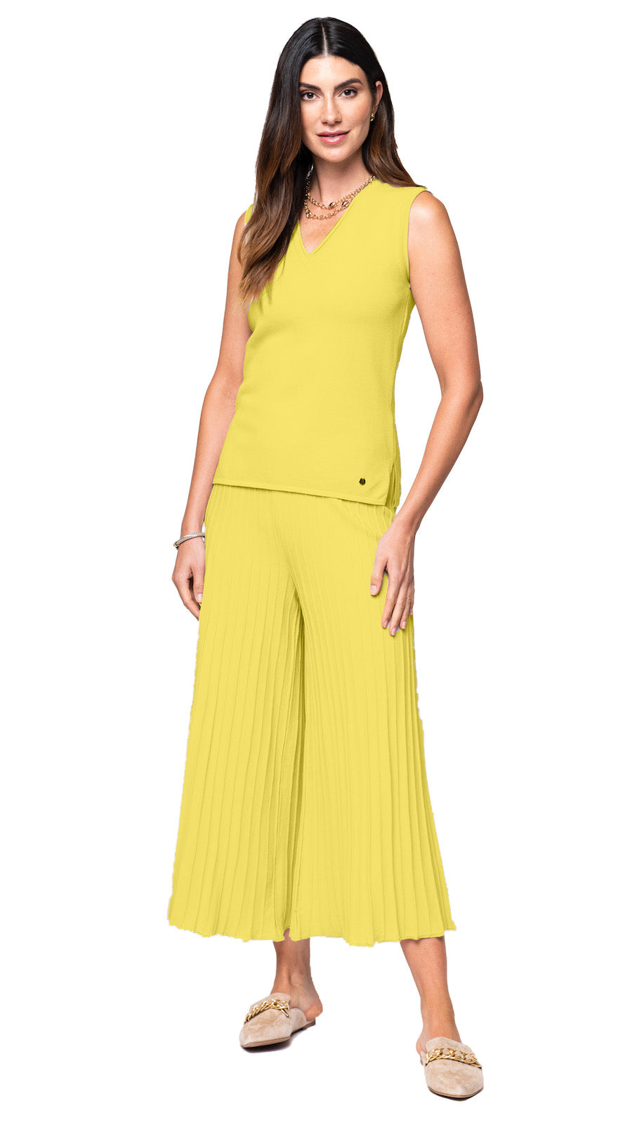 Giuliana Plisse-Look Cropped Wide Leg Pants; Lemon