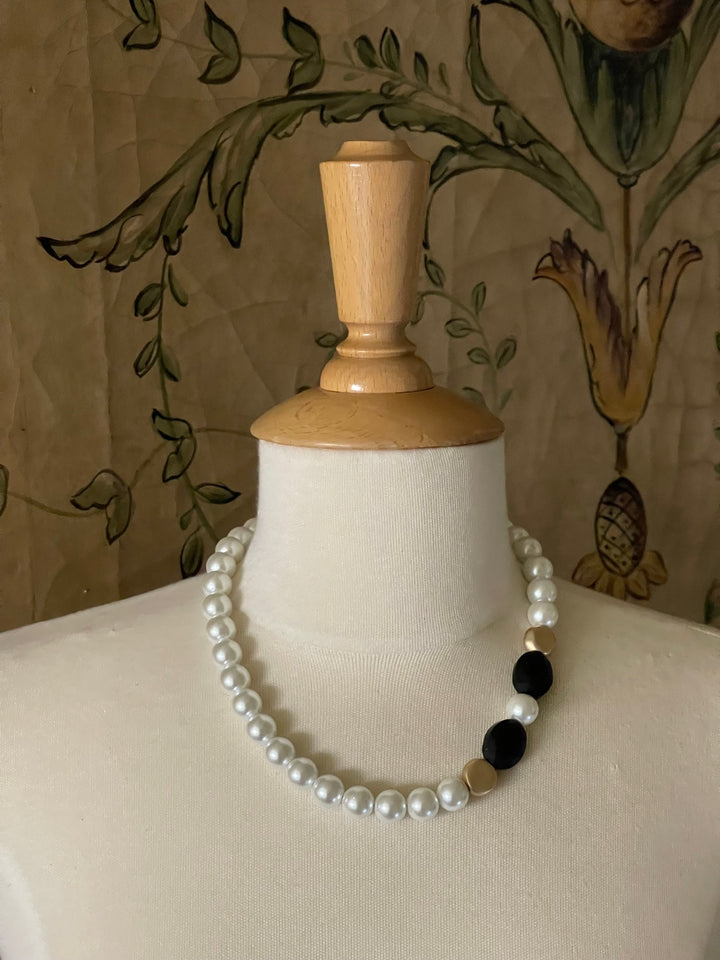 White Glass Pearl And Matte Black Crystal With Gold Side Accent Necklace