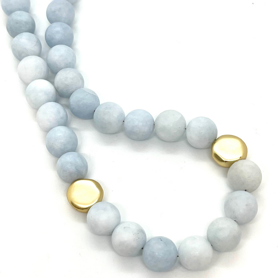 Matte Aquamarine With Matte Gold Flat Bead Necklace