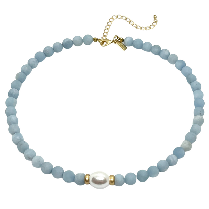 Matte Aquamarine With MOP Pearl Center and Matte Gold Accents Necklace