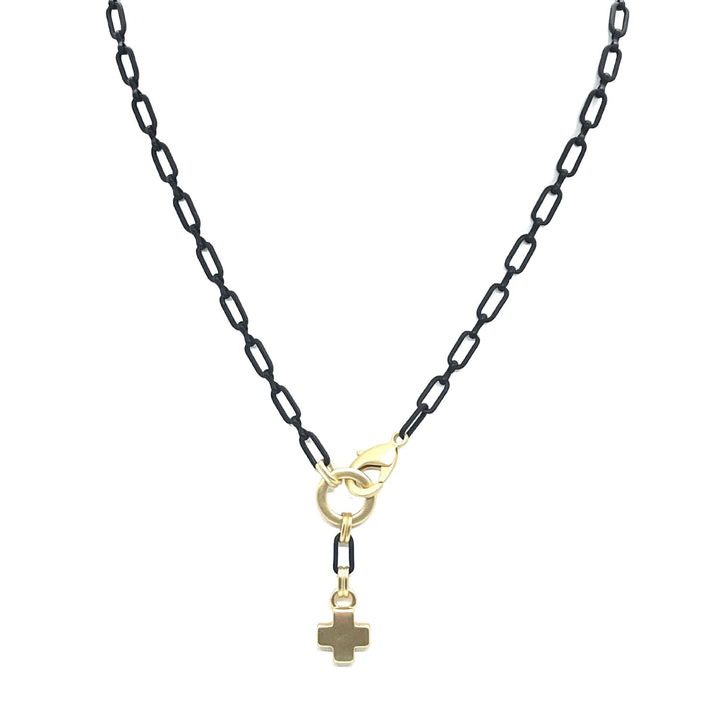 Matte Black Paperclip Chain Necklace With Gold Cross Pendant