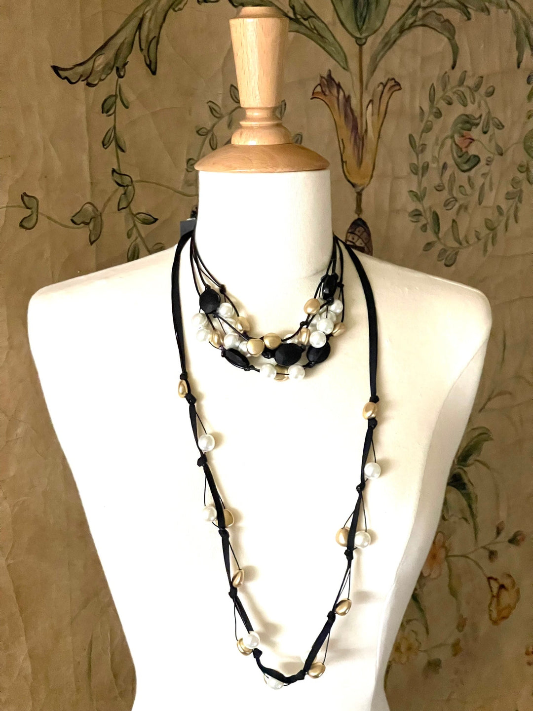 Matte Black Crystal, Pearl, Matte Gold Pebble Bead Torsade Necklace