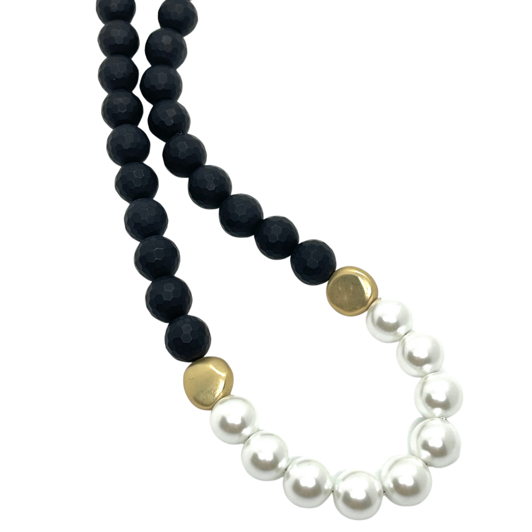 Black Onyx Necklace With Front Glass Pearl and Gold Bead Accents