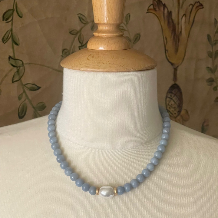 Blue Angelite With MOP Pearl and Matte Gold Accents Necklace