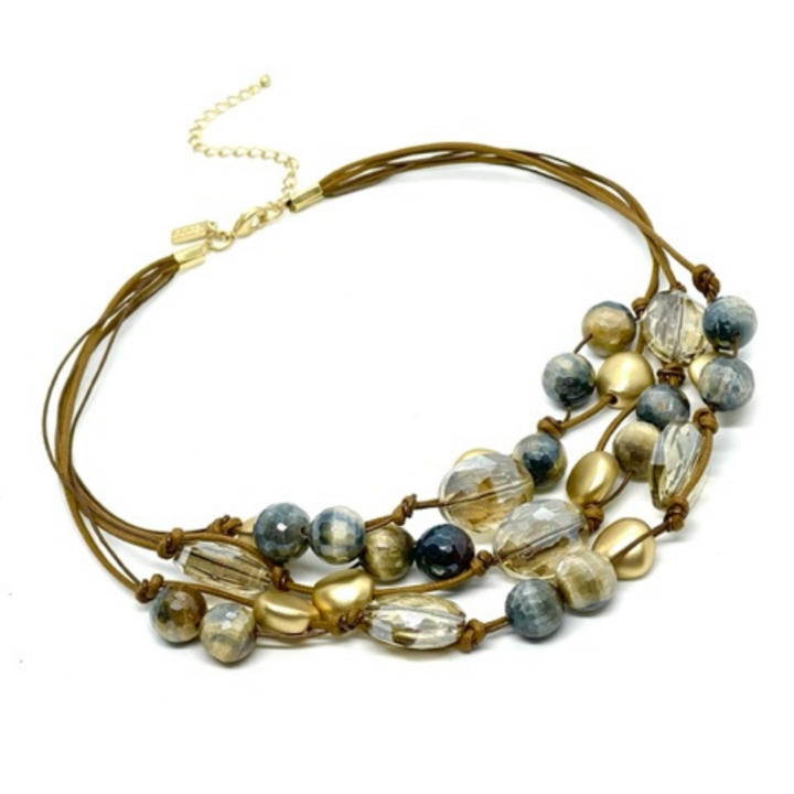 Blue Cream Tigers Eye And Champagne Crystal Torsade Necklace