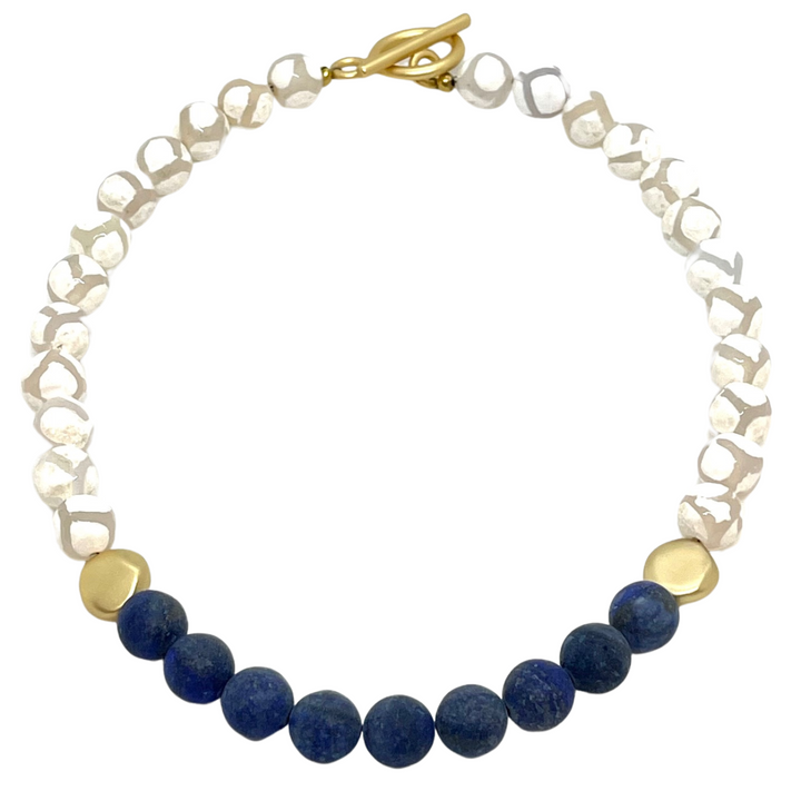 White Giraffe and Blue Lapis Beaded Necklace with Matte Gold Bead Accents