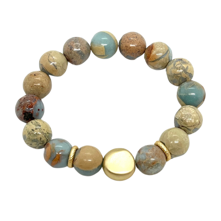 Blue Aqua Terra Jasper with Matte Gold Nugget Accent Stretch Bracelet