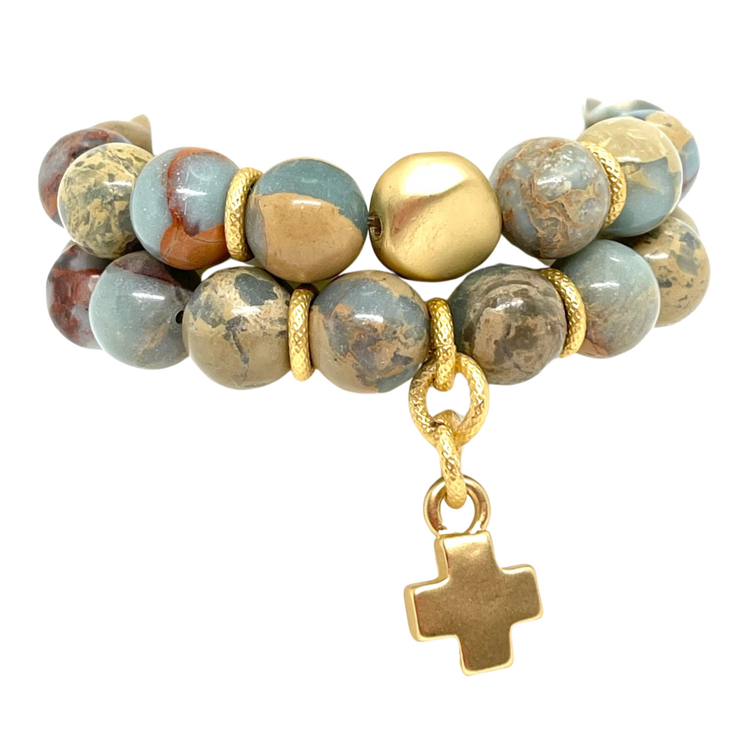 Blue Aqua Terra Jasper Stretch Bracelet with Cross Charm