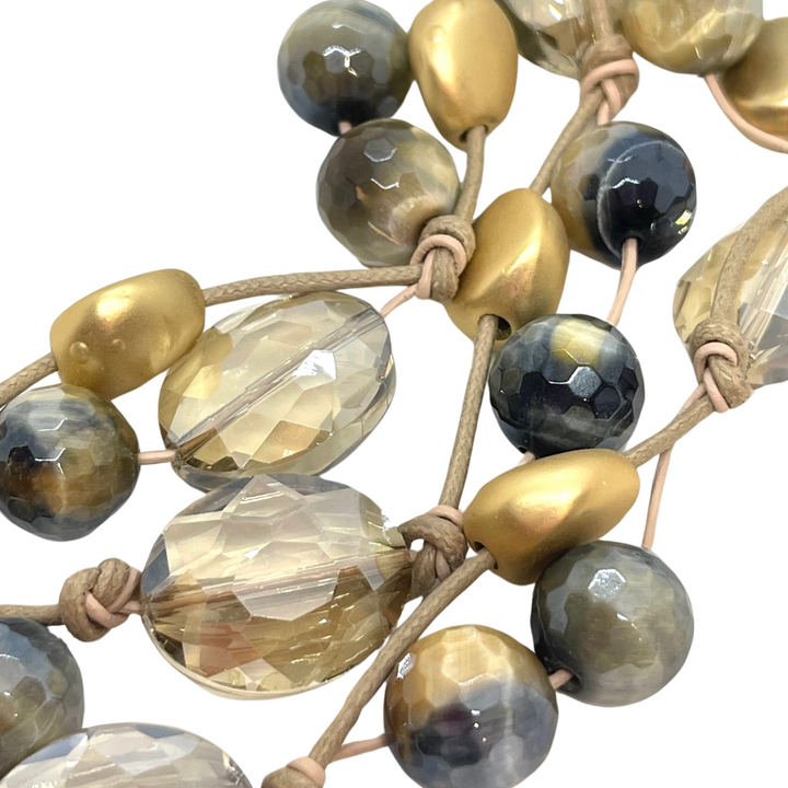 Blue Cream Tigers Eye and Champagne Crystal Torsade Necklace