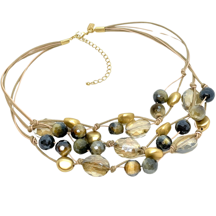 Blue Cream Tigers Eye and Champagne Crystal Torsade Necklace