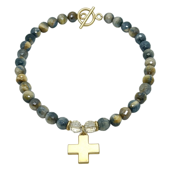 Blue Cream Tigers Eye and Champagne Crystal Necklace with Cross Pendant