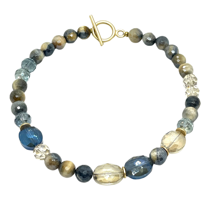 Blue Cream Tigers Eye With Blue And Champagne Crystal Accents Necklace