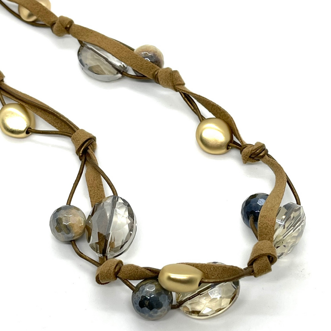 Blue Cream Tigers Eye and Champagne Crystal Long Necklace on Bronze Leather and Suede