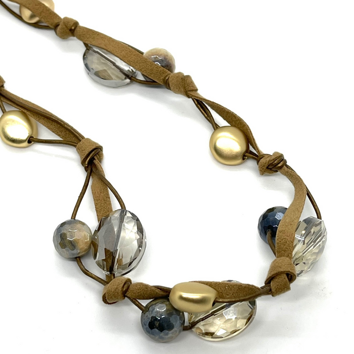 Citrine Quartz and Champagne Crystal  Bronze Suede Long Necklace