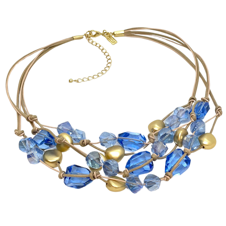 Mixed Blue Crystal and Matte Gold Nugget Torsade