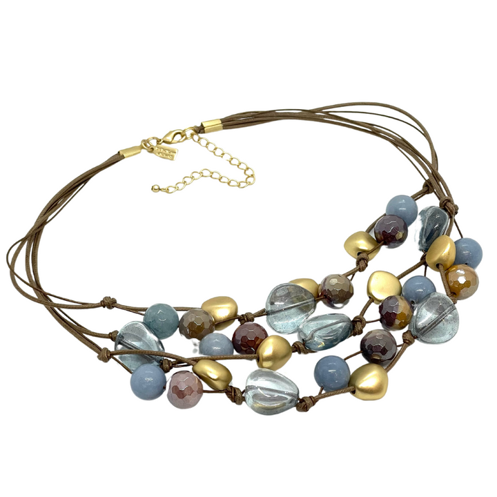 Blue Pressed Glass, Mookaite Gold Nugget  Taupe Bronze Leather Torsade Necklace