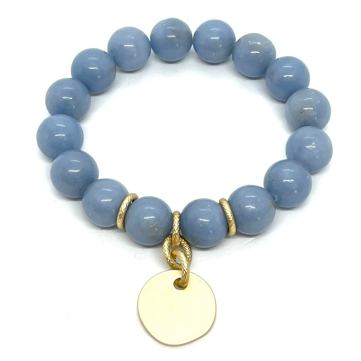 Blue Jade Stretch Bracelet with  Matte Gold Charm