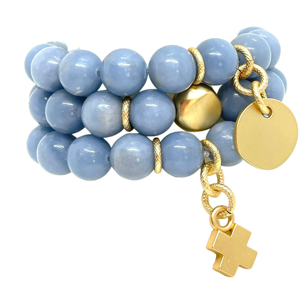 Blue Angelite Stretch Bracelet with  Matte Gold Charm