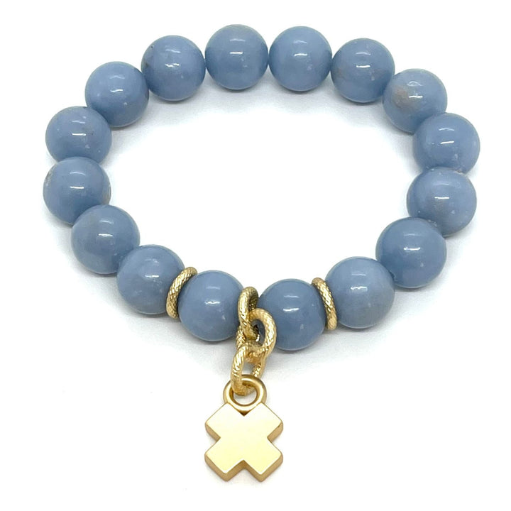 Blue Jade Matte Gold X Charm Stretch Bracelet