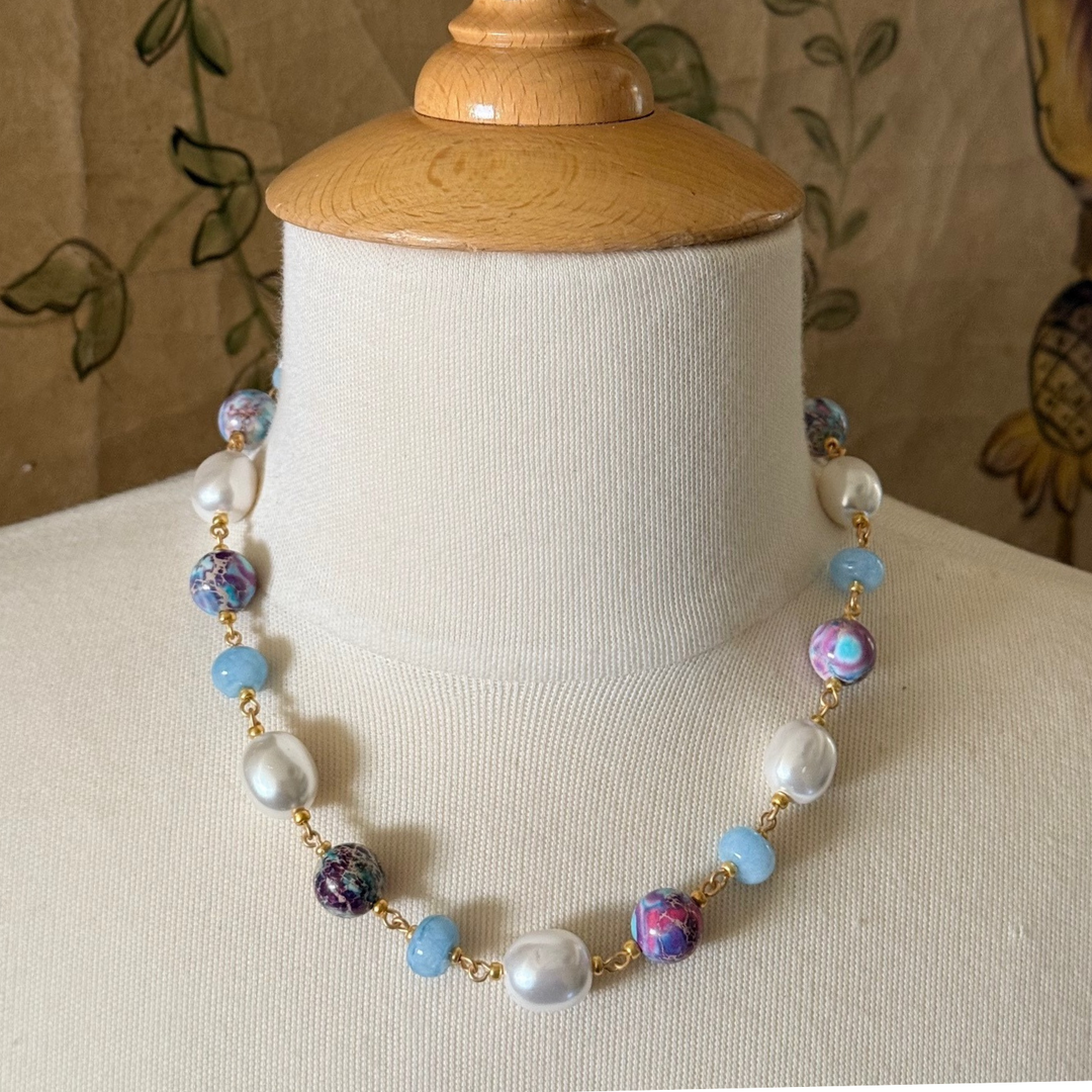 Blue Multi Jasper, MOP Pearl and Blue Jade Necklace