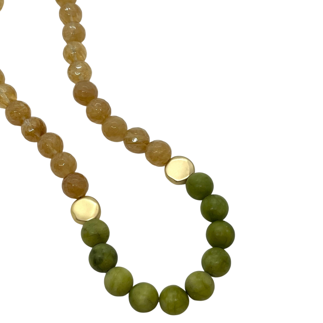 Citrine Quartz And Matte Olive African Jade Necklace With Matte Gold Bead Accents