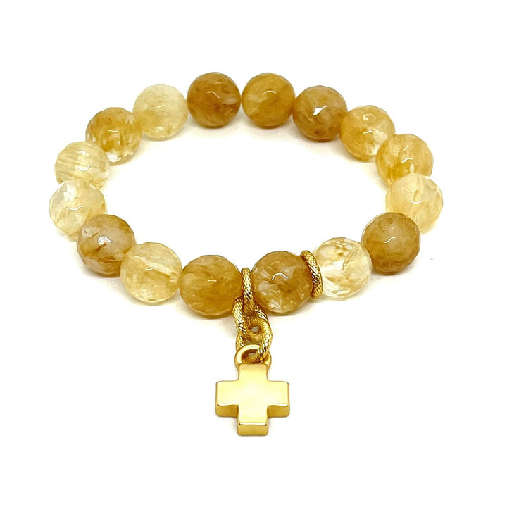 Citrine  Quartz Stretch Bracelet With Matte Gold Cross