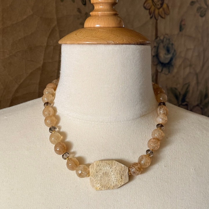 Citrine Quartz With Fossil Coral Center Stone Necklace