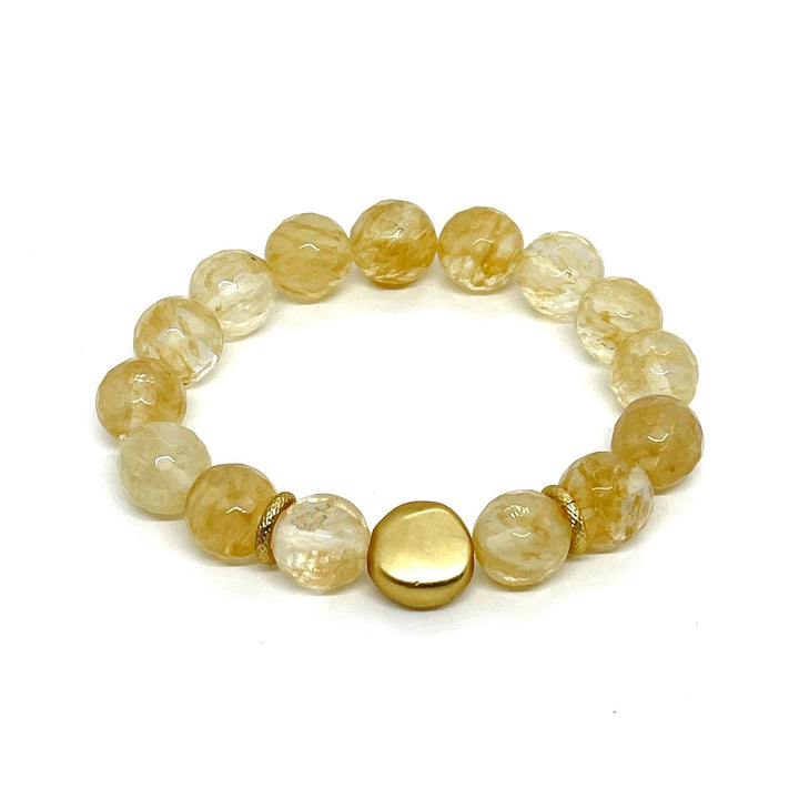 Citrine Quartz  Stretch Bracelet With Matte Gold Flat Bead