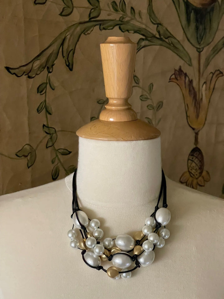 Cotton And Glass Pearl With Matte Black Crystal  Torsade Necklace