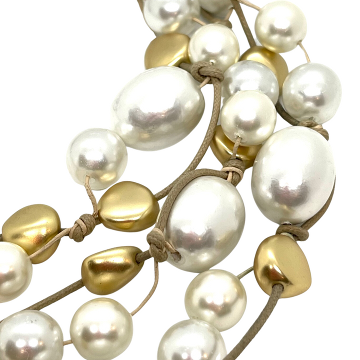 Cotton Pearl Matte Gold Natural Linen Toursade Necklace