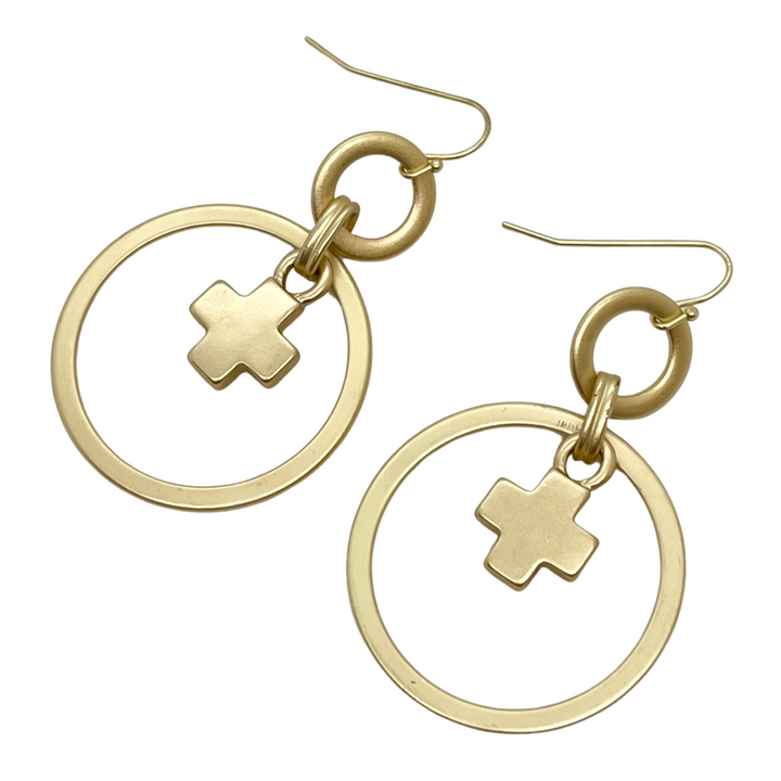 Matte Gold Cross Charm In Matte Gold Loop Earrings