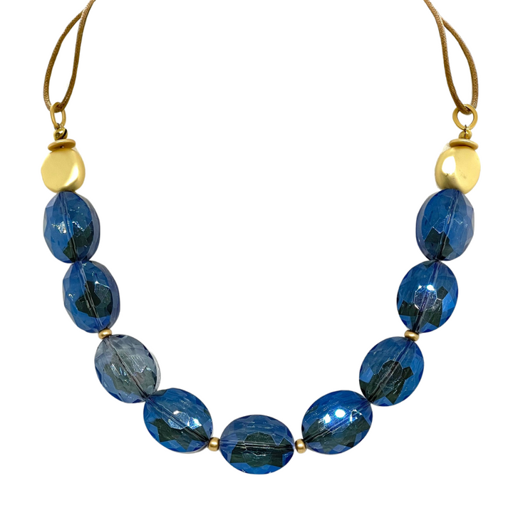 Blue Crystal and Flat Matte Gold Nugget Necklace on Bronze Linen