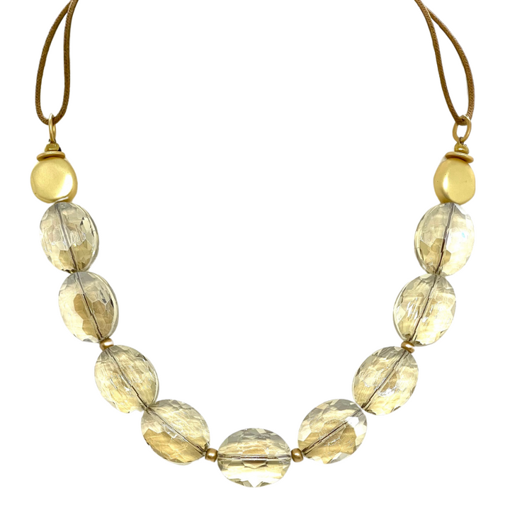 Champagne Crystal and Flat Matte Gold Nugget Necklace on Bronze Linen