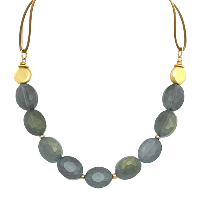 Matte Olive Crystal and Flat Matte Gold Nugget Necklace on Bronze Linen